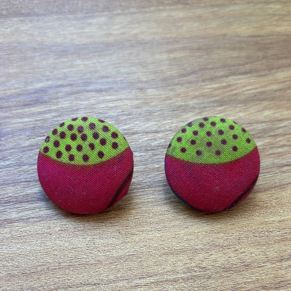 Pink and Green Polka Dot Cotton Fabric Button Earrings